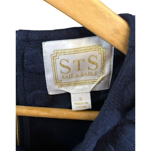 Sail To Sable Textured Navy Blue Short Sleeve Dress With Gold Accents Size 6 - Picture 3 of 5